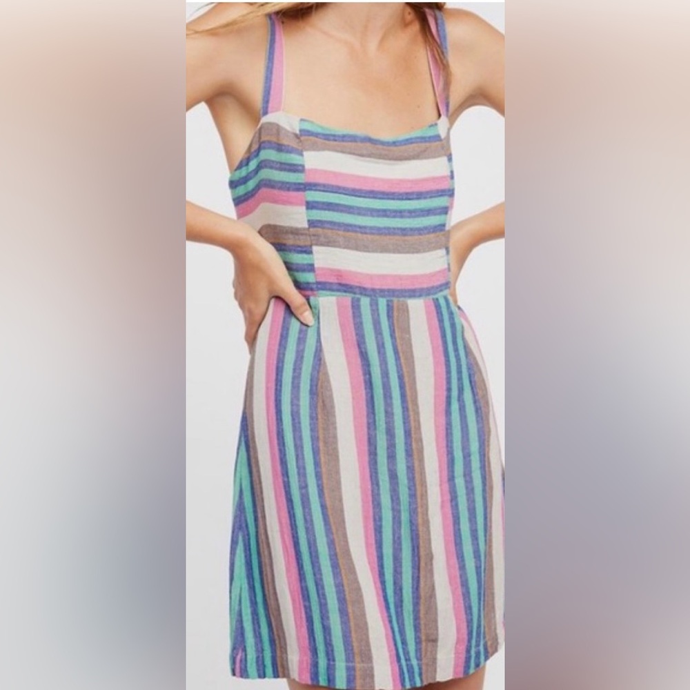 Free People Linen Striped Beachy Sun Dress SZ Large